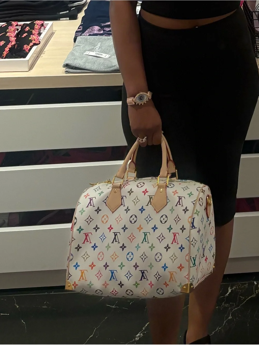 Louis Vuitton White Multicolor Monogram Speedy with Bow Charm